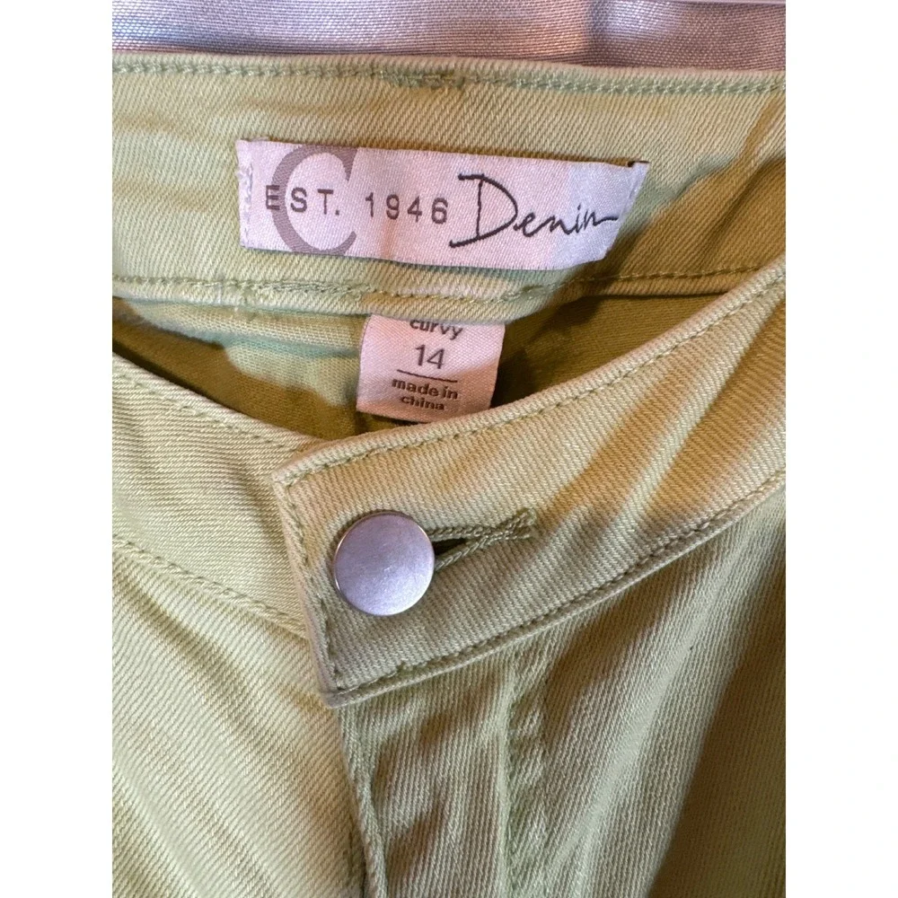 C Denim Est.‎ 1946 Curvy Jeans Size 14 Green Floral Cutout Raw Hem